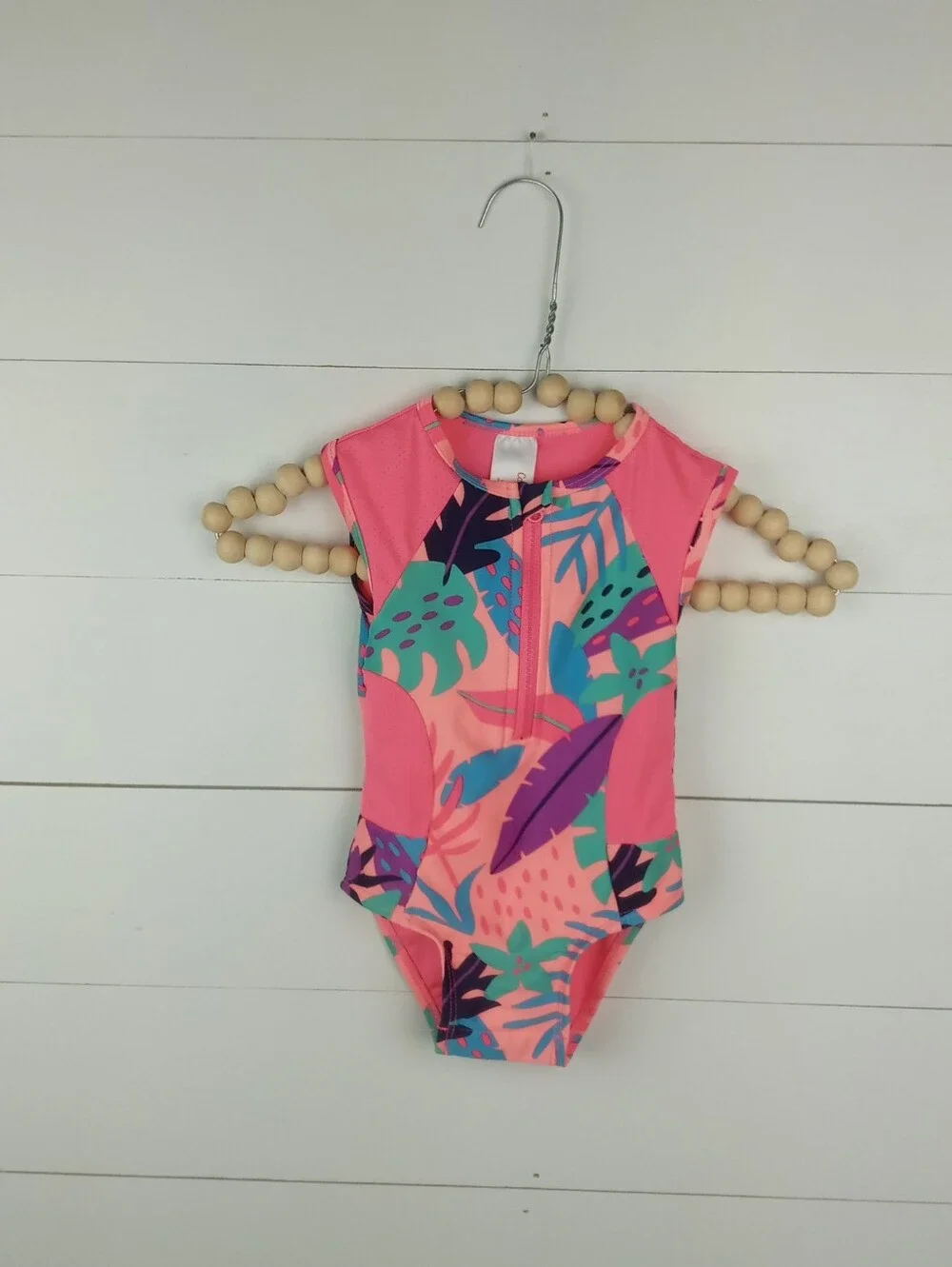 Cat & Jack girls size 18 mos swimsuit bright neon pink colorful floral design